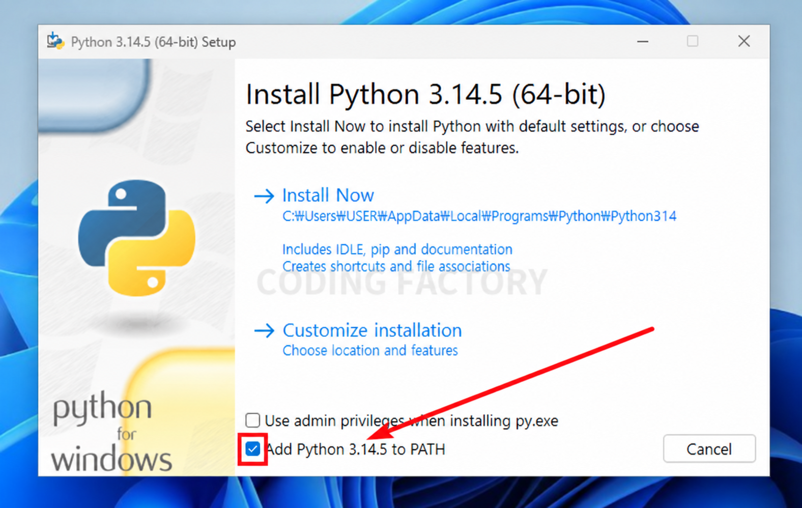 Python 설치 창 아래의 Add Python 3.14.5 to PATH 체크박스