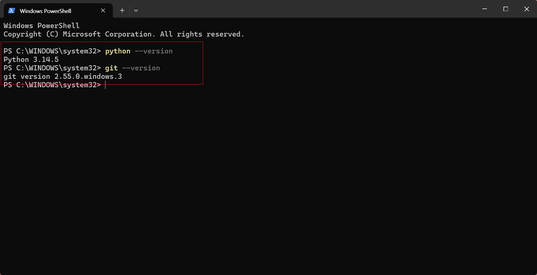 PowerShell에서 python --version과 git --version을 실행한 결과