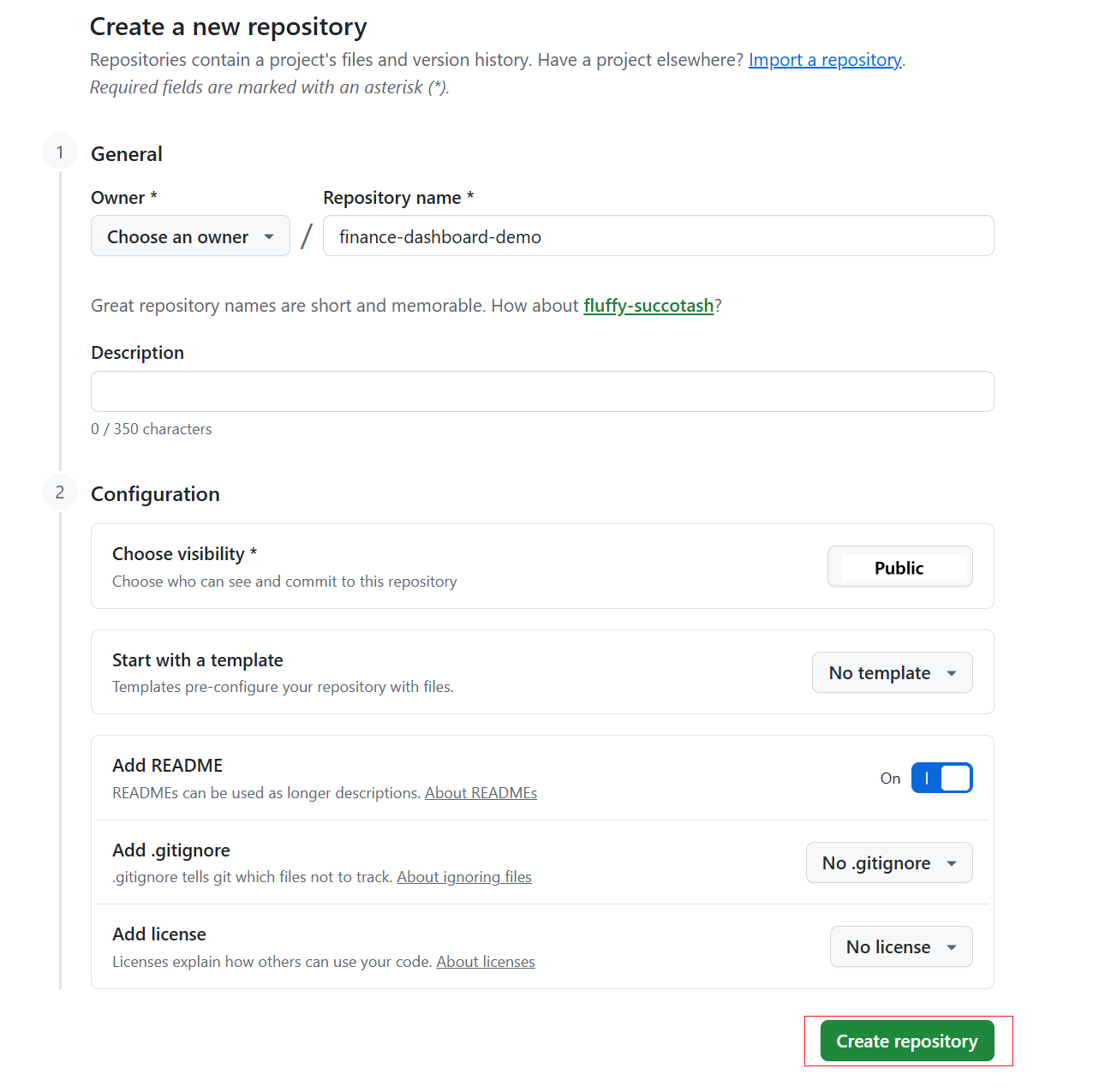 GitHub 새 저장소 화면에서 이름, Public, Add README를 선택한 예시