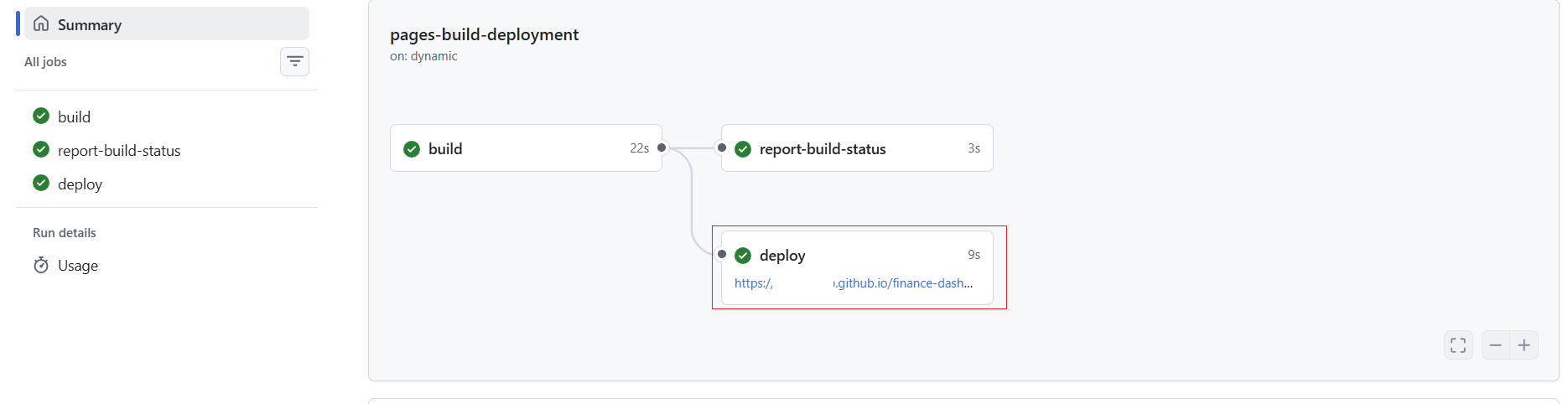 GitHub Actions 배포 실행 내역에서 완료된 deploy 단계와 공개 주소를 확인하는 화면