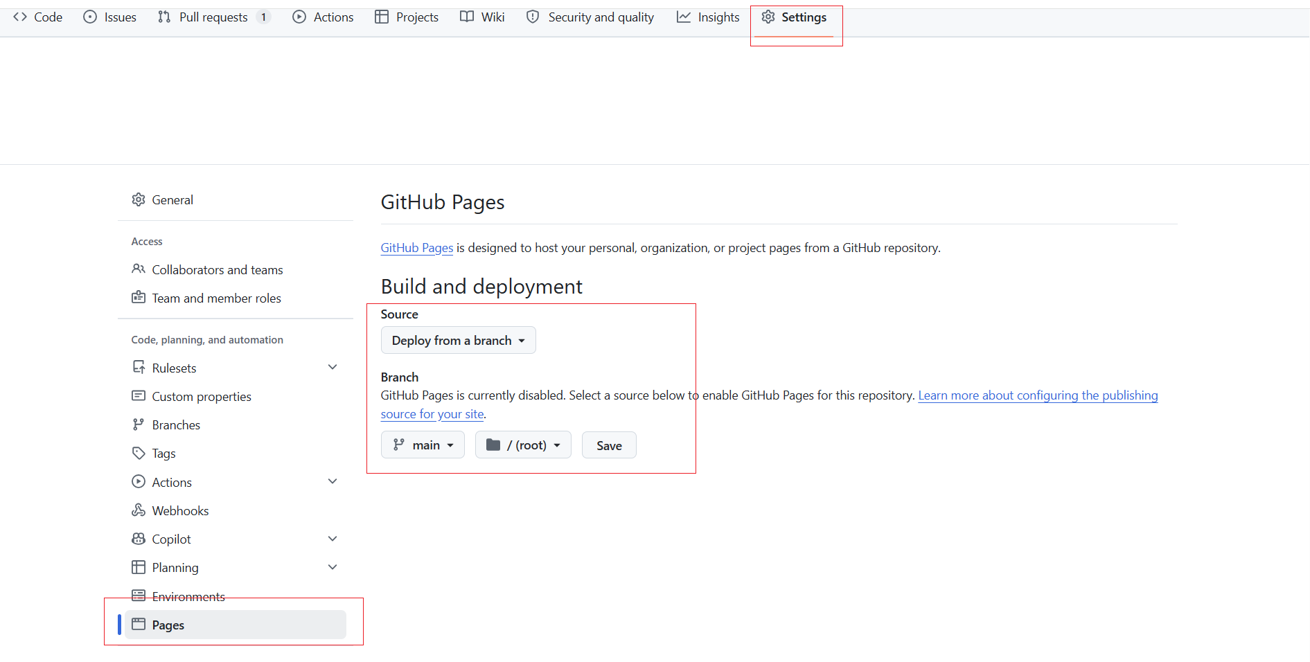 GitHub 저장소의 Settings → Pages에서 main 브랜치와 /(root) 폴더를 선택한 화면
